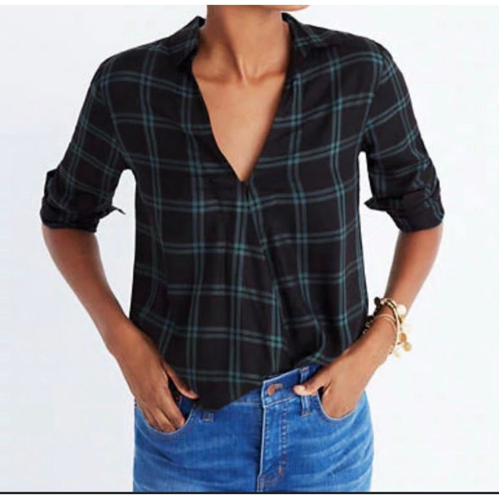 Women's Madewell Palma Plaid Wrap Blouse Size XXS Black Green